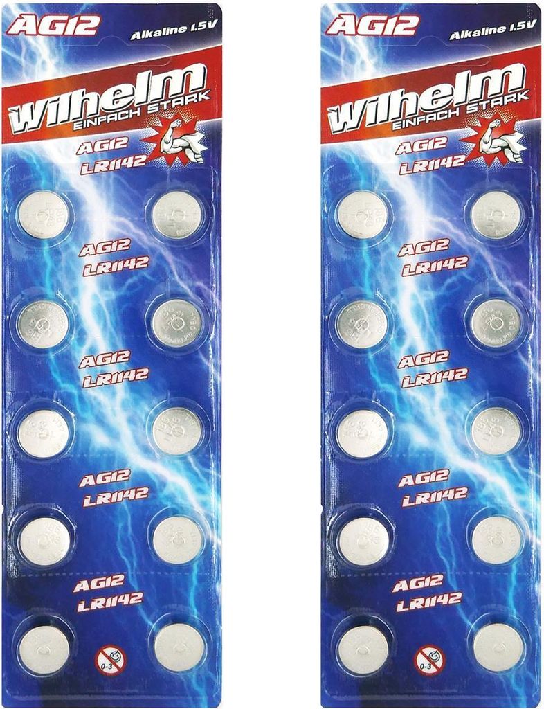 20 X Wilhelm AG12 LR43 - L 1142 - 186 - V12GA Qualitätsbatterien 1,5 V Alkaline