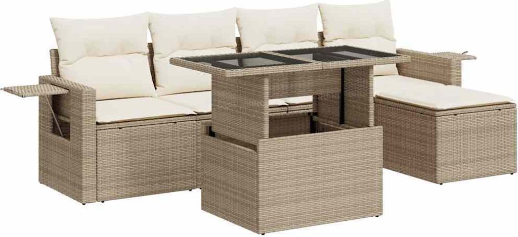 6-tlg. Garten-Sofagarnitur mit Kissen Beige Poly Rattan