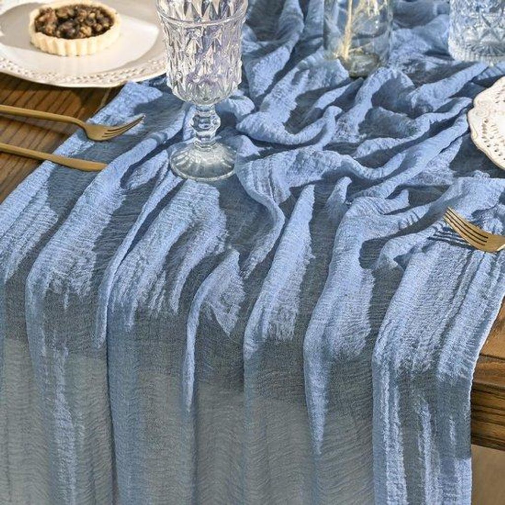 Tafelloper aus Baumwollgaze – Rauchblau – 80 x 300 cm – Waschbar für Hochzeit, Geburtstag, Valentine und Partydeko