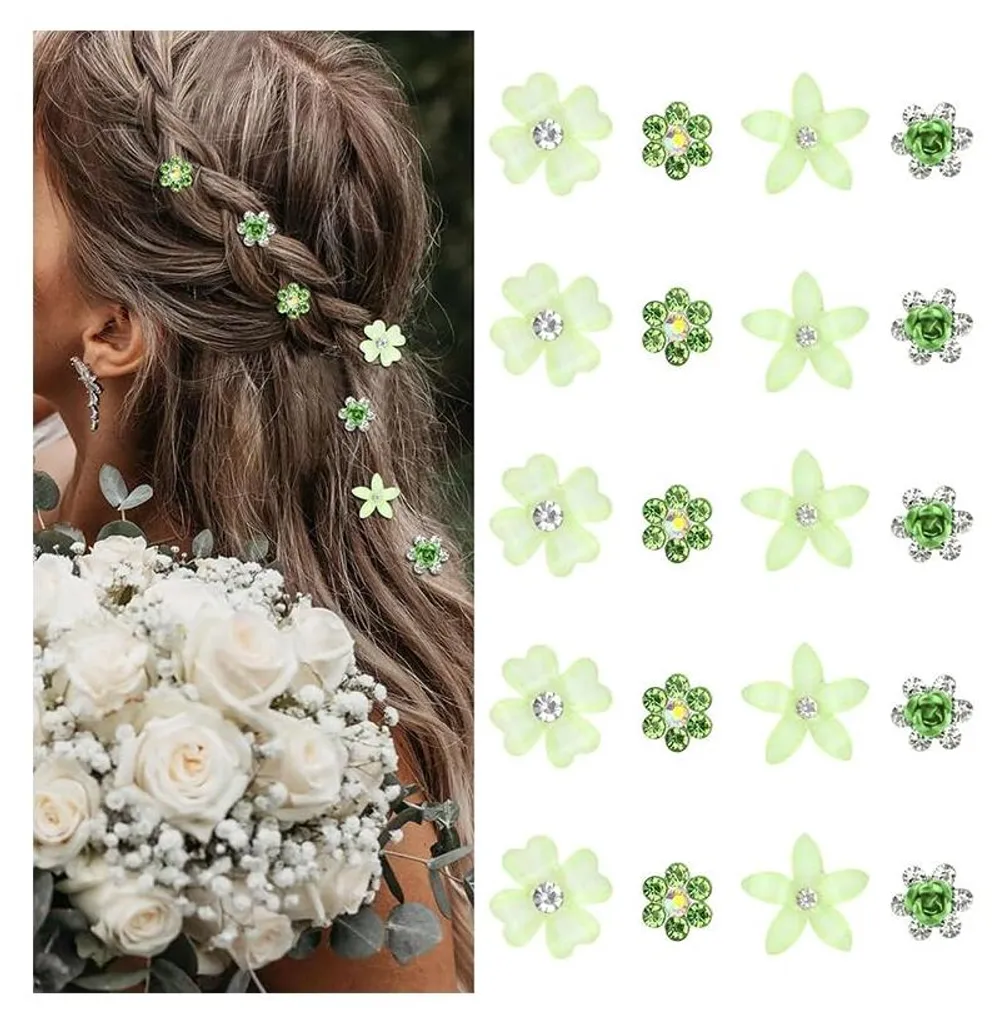 Barrettes de mariage pour mariée : lot de 20 mini-fleurs vertes strass