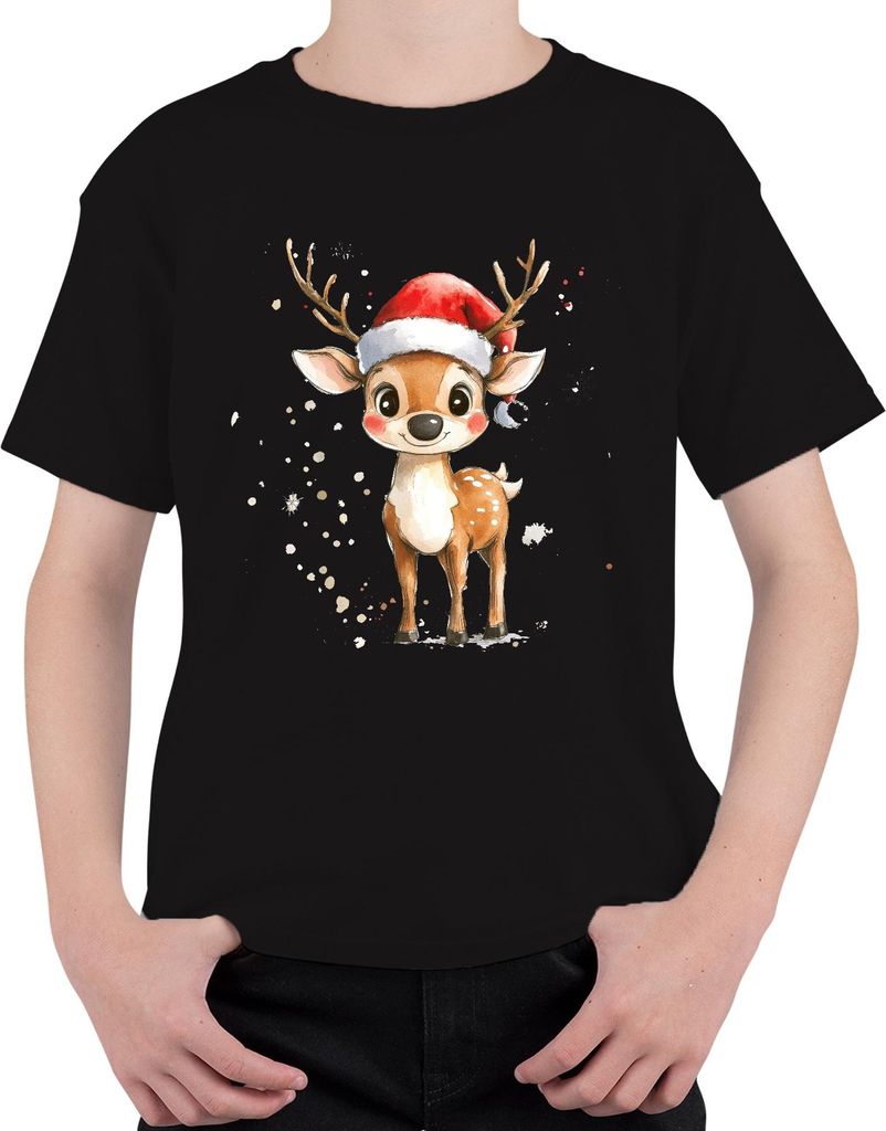 Weihnachtsrentier Aquarell Santa Hut Kinder Geschenk Niedlich Uni Kinder T-Shirt, Schwarz, 128