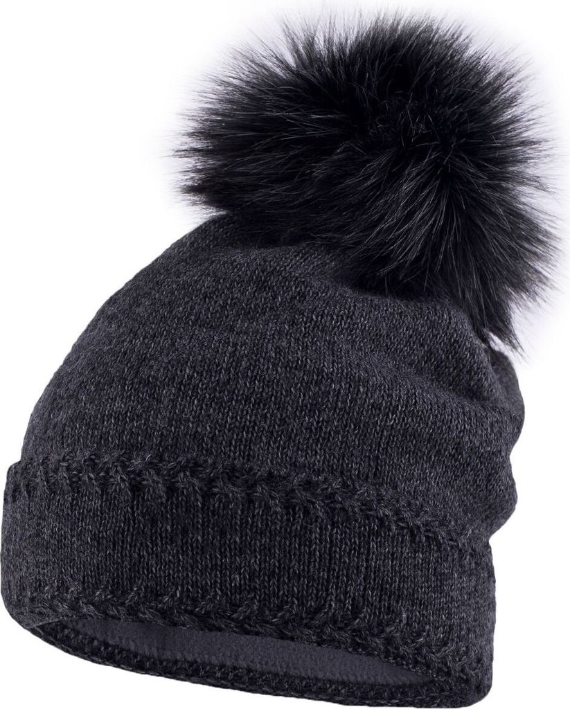 Warme Strickmütze Damen Wintermütze Bommelmütze gefüttert mit Bommel Neverless grau