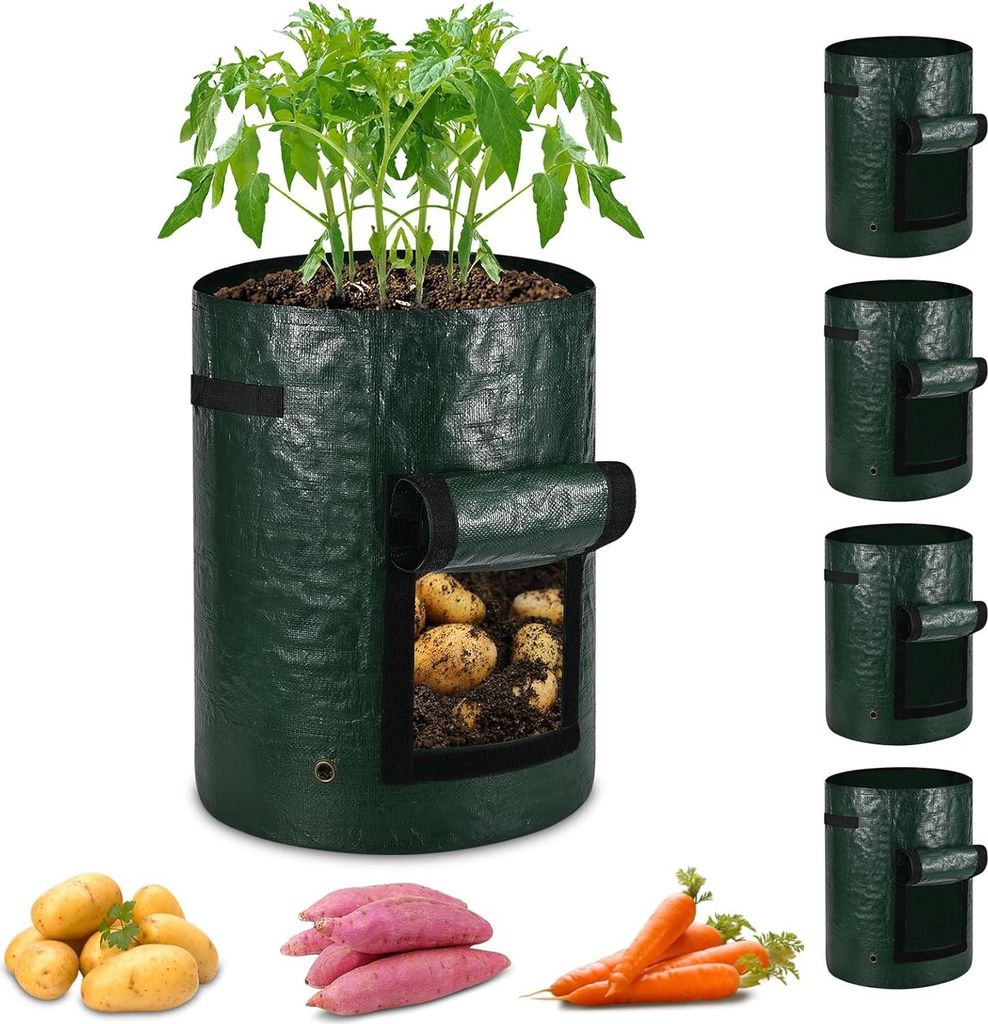 5er-Set PE-Platten, 27L, Balkon- und Gartentöpfe mit Fenster und robusten Griffe für Kartoffeln, Tomaten, Erdbeeren, Blumen, Pflanzen und Gemüse