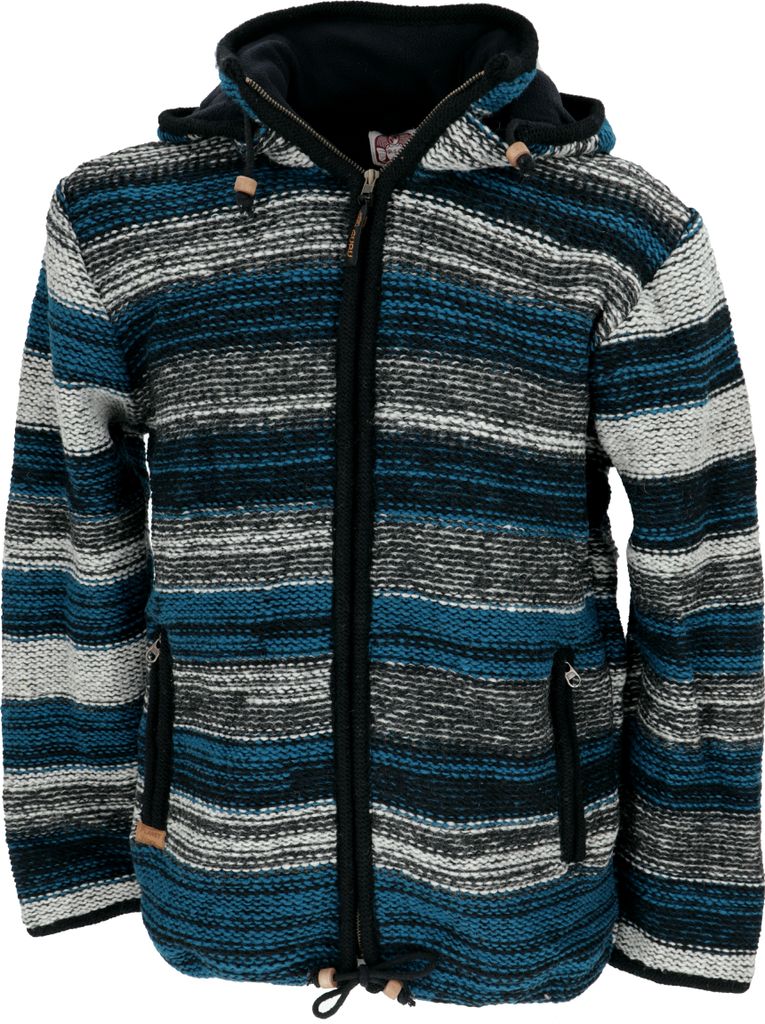 Kuschelige Gefütterte Uni Strickjacke, Gestreifte Wolljacke, Nepaljacke - Modell 15, Herren, Blau, Wolle, Größe: S