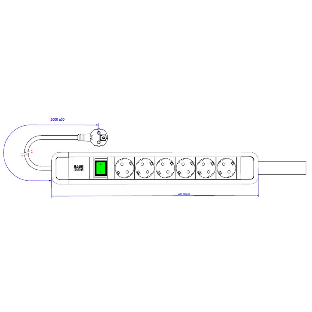 Multiprise BACHMANN PRIMO 2 - 6 Prises CEE 7/3 Interrupteur Câble 2m