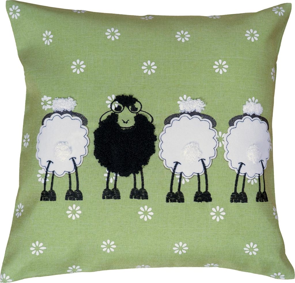 heimtexland Deko Kissen Schwarzes Schaf Ostern Dekokissen Bezug mit Applikation Leinen-Optik bestickt Osterdeko Landhaus Blumen natur Typ885 Kis...