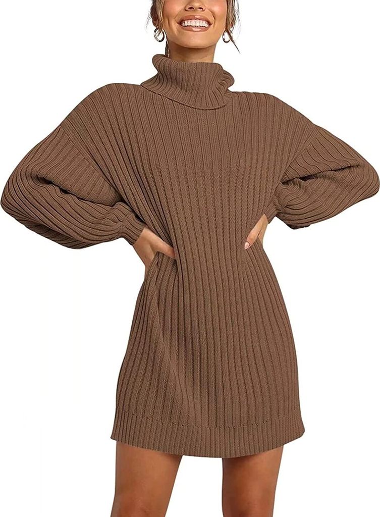 ASKSA Damen Rollkragen Pulloverkleid Einfarbig Laterne Ärmel Tunika Lange Winter Strickkleid, Braun, M