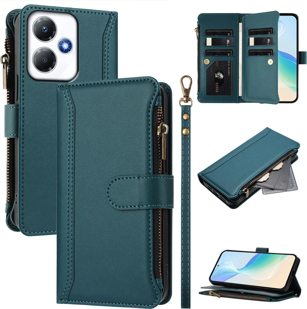 Custodia per Infinix Hot 30 Play NFC, con cerniera, portafoglio Custodia flip in Finto cuoio con tasche per carte, supporto e passante per mano verde