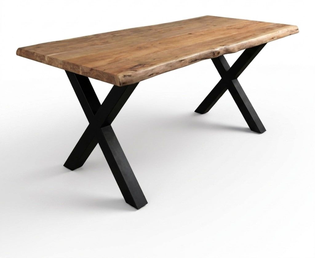 Baumkantentisch Cali 240 x 120 cm, Akazienholz massiv naturfarben, 50 mm Tischplatte, Esstisch mit X-Metallgestell Schwarz, Industrial-Design