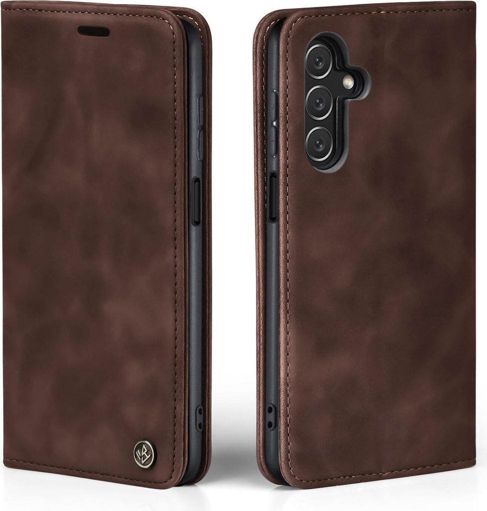 A brown flip cover for a Samsung Galaxy A05s phone is shown from two angles.