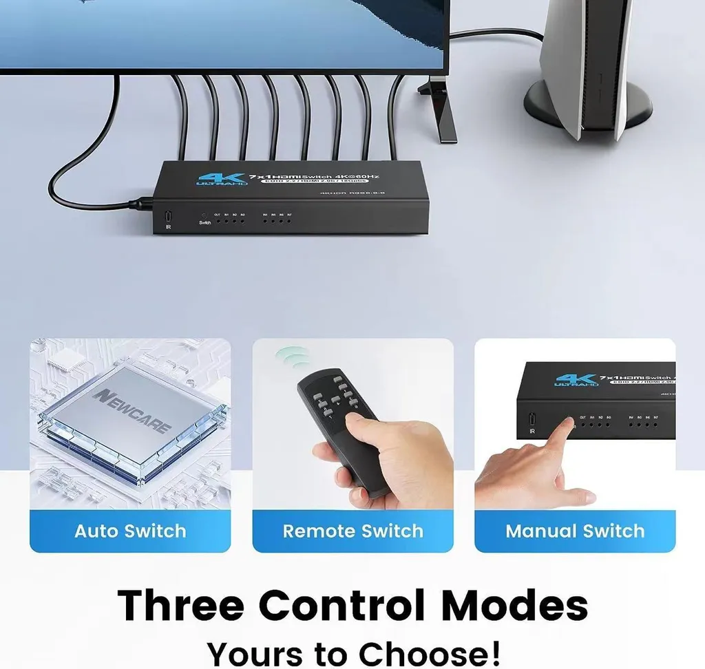 Switch HDMI 4K 60Hz 7 Ports avec Télécommande pour Lecteur DVD et Gaming
