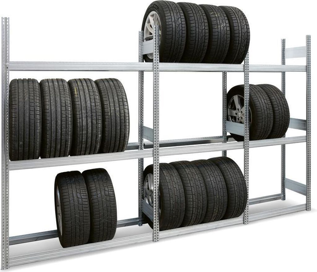 Räderregal GRIP Stecksystem | Grundregal | Reifen inkl. Felgen | Extra-Tall | HxBxT 250x101x50cm | 4 Ebenen | Fachlast 250kg | Verzinkt