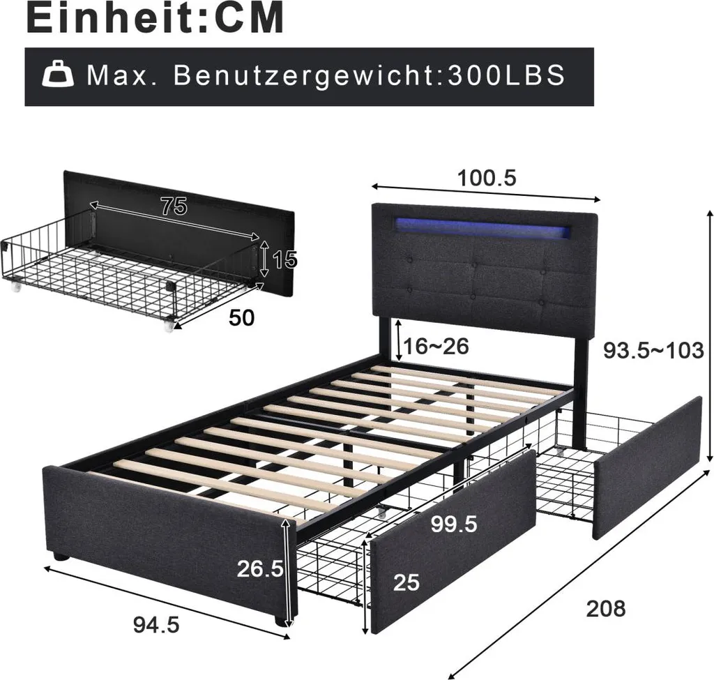 Lit LED Gris 90x200cm avec Tête de Lit Réglable et Tiroirs de Stockage