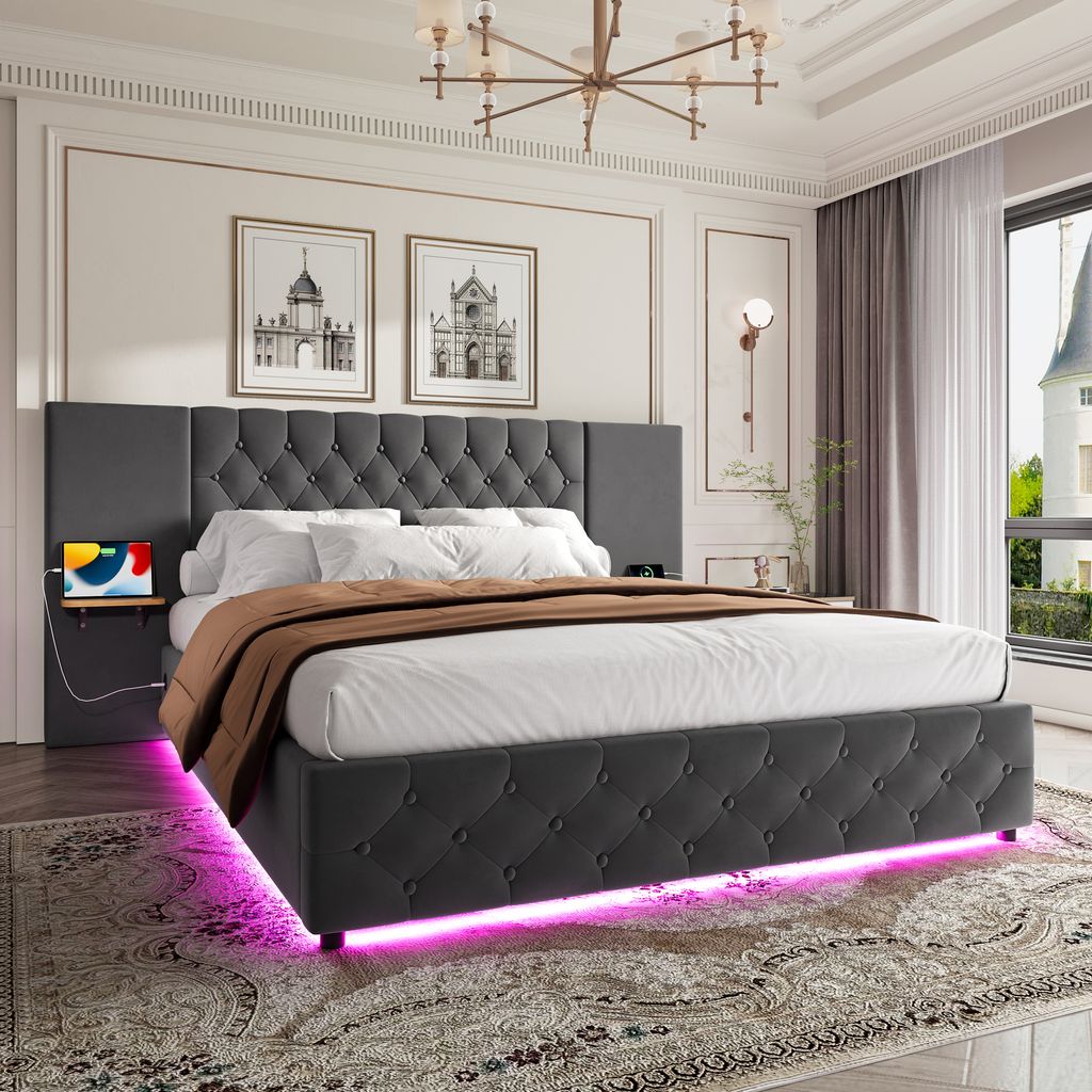 OKWISH Polsterbett 140×200cm Doppelbett Jugendbett mit LED-Licht & USB-Anschlus,Grau