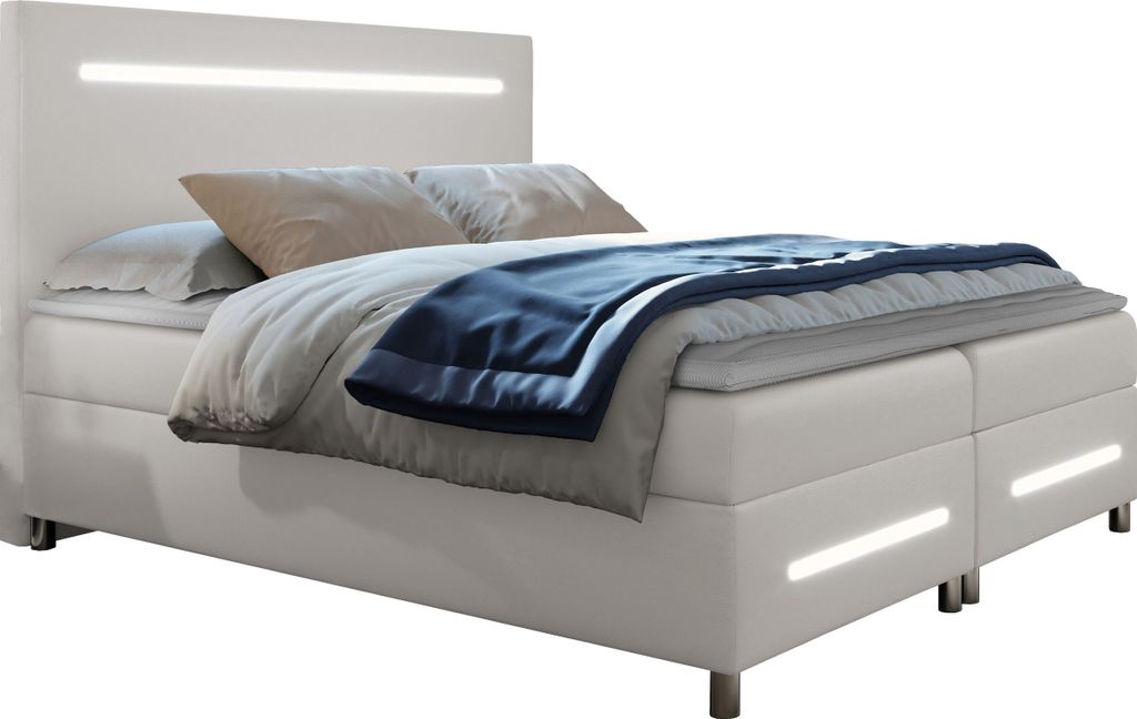 MIRJAN24 Boxspringbett Enter LED, Ehebett mit Hauptmatratze, Topper und LED-Beleuchtung, zwei Bettkästen (Soft 017, Größe: 140x200 cm)