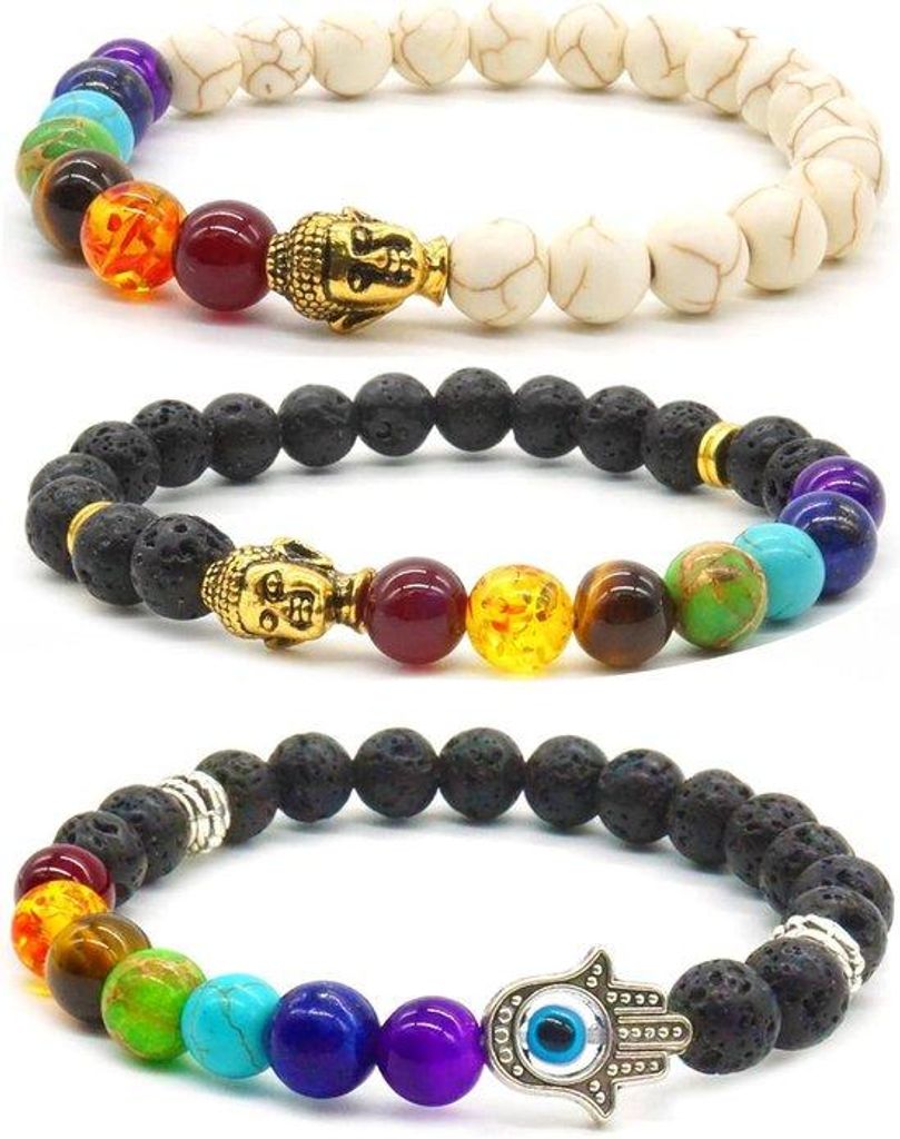Halskette mit 7 Chakren, Buddha-Skull und Hamsa-Hand aus Lava-Stein, 8mm, 3 Stück
