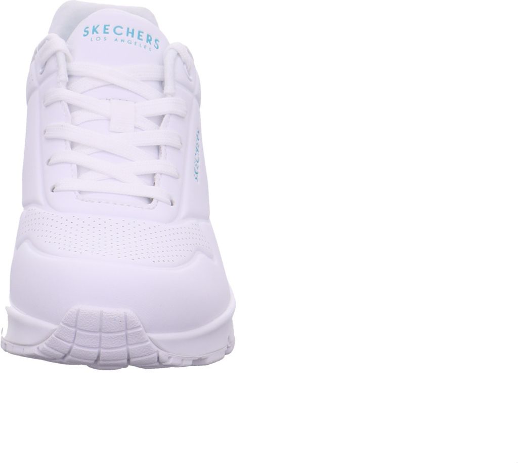 A white Skechers sneaker is shown from the front on a white background.