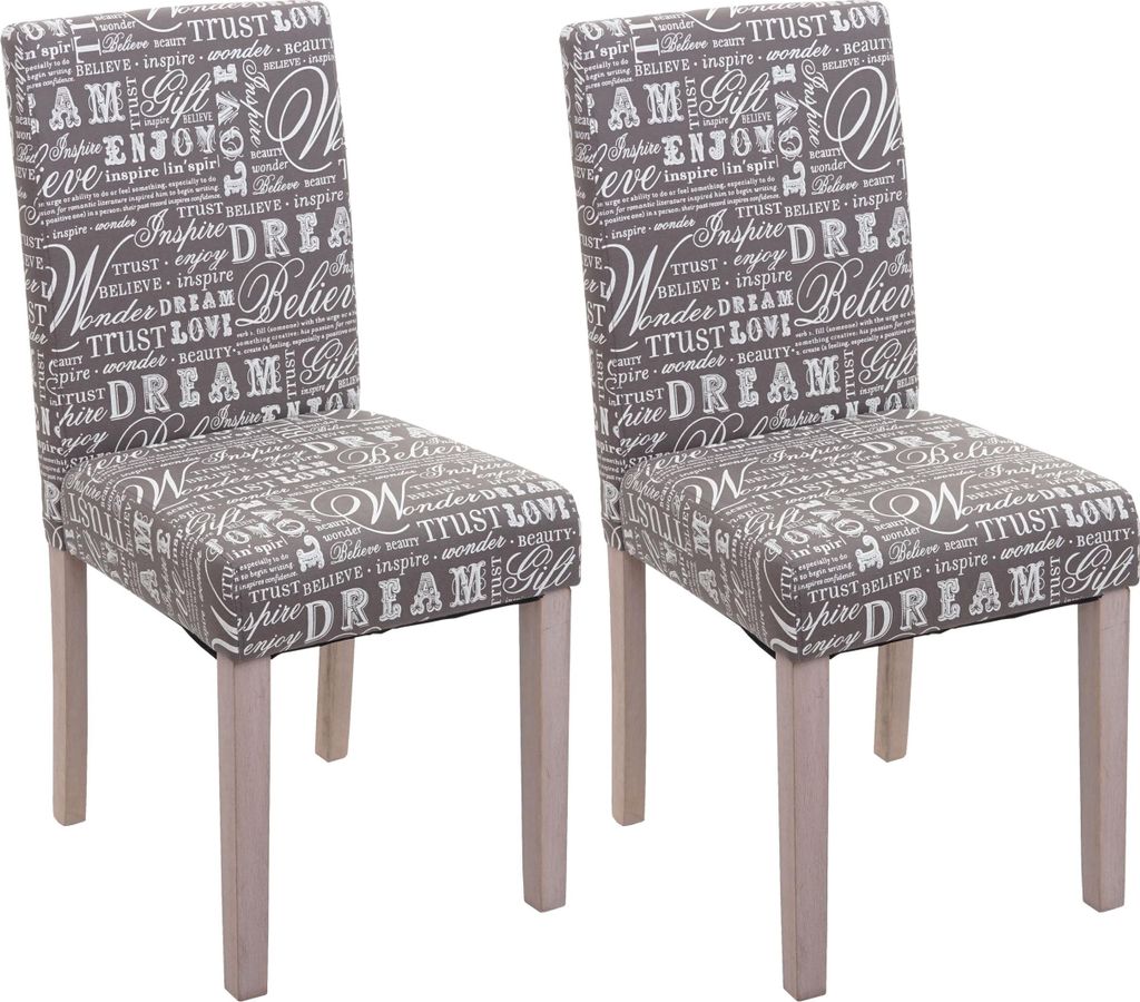 2er-Set Esszimmerstuhl klassisch und zeitlos | HxBxT 90x43x56cm | Sitzhöhe 45cm | Stuhl Küchenstuhl | Textil mit Schriftzug | Beine Struktur - Ei...