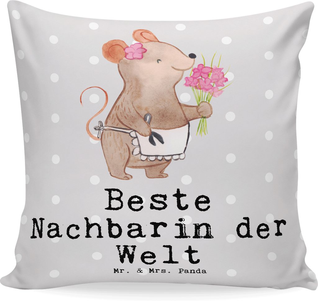 Mr. & Mrs. Panda Kuschel Kissen Maus Beste Nachbarin der Welt - Grau Pastell - Geschenk, kuschelkissen 40x40, Sofakissen, Freundin, Nachbarn, Nachb...