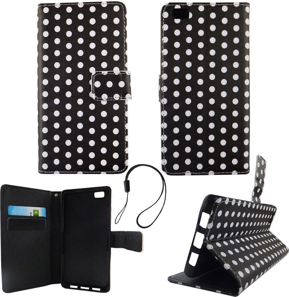 Handyhülle Tasche für Handy Huawei P8 Lite Polka Dot Schwarz Weiss
