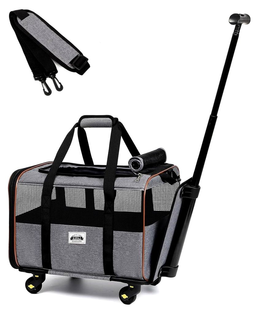 Transportbox für Hunde mit Rollen, Katzenwagen für den Transport, kleine Transporttasche für Hunde im Auto, Katzen Transportbox mit Teleskopgrif...