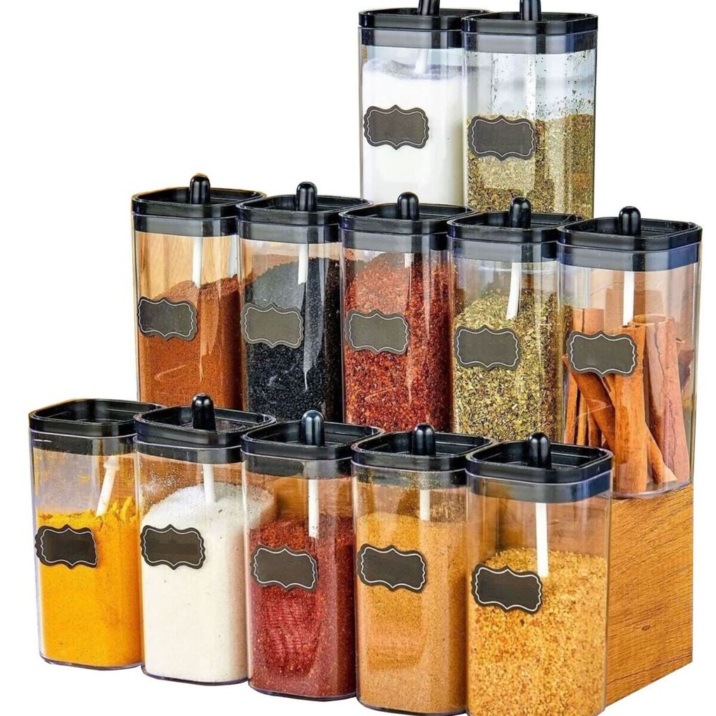 12-teiliges Gewürzbehälter Set 300 ml – Vorratsdosen mit Löffel & Deckel – stapelbare Gewürzdosen aus Kunststoff, BPA-frei, beschriftbar