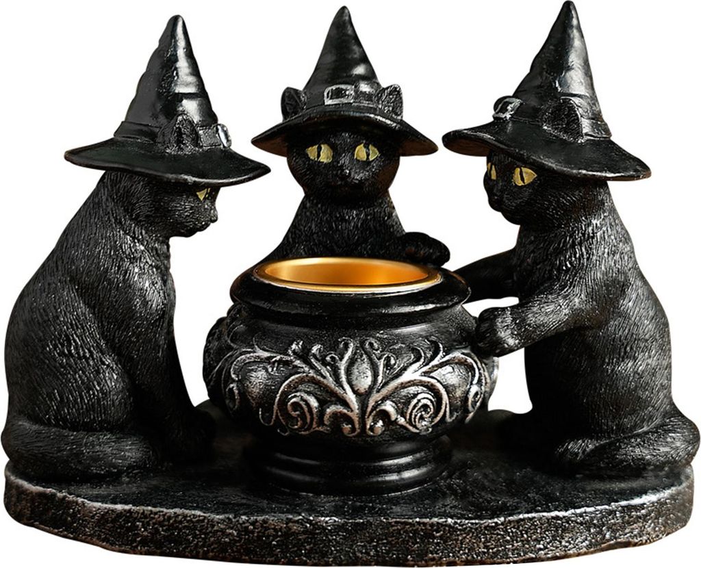 Halloween-Kerzenhalter mit schwarzen Katzen, gotische Katze aus Kunstharz mit Hexenhut, Statue, Teelichthalter für den Innenbereich, Party, Kamins...