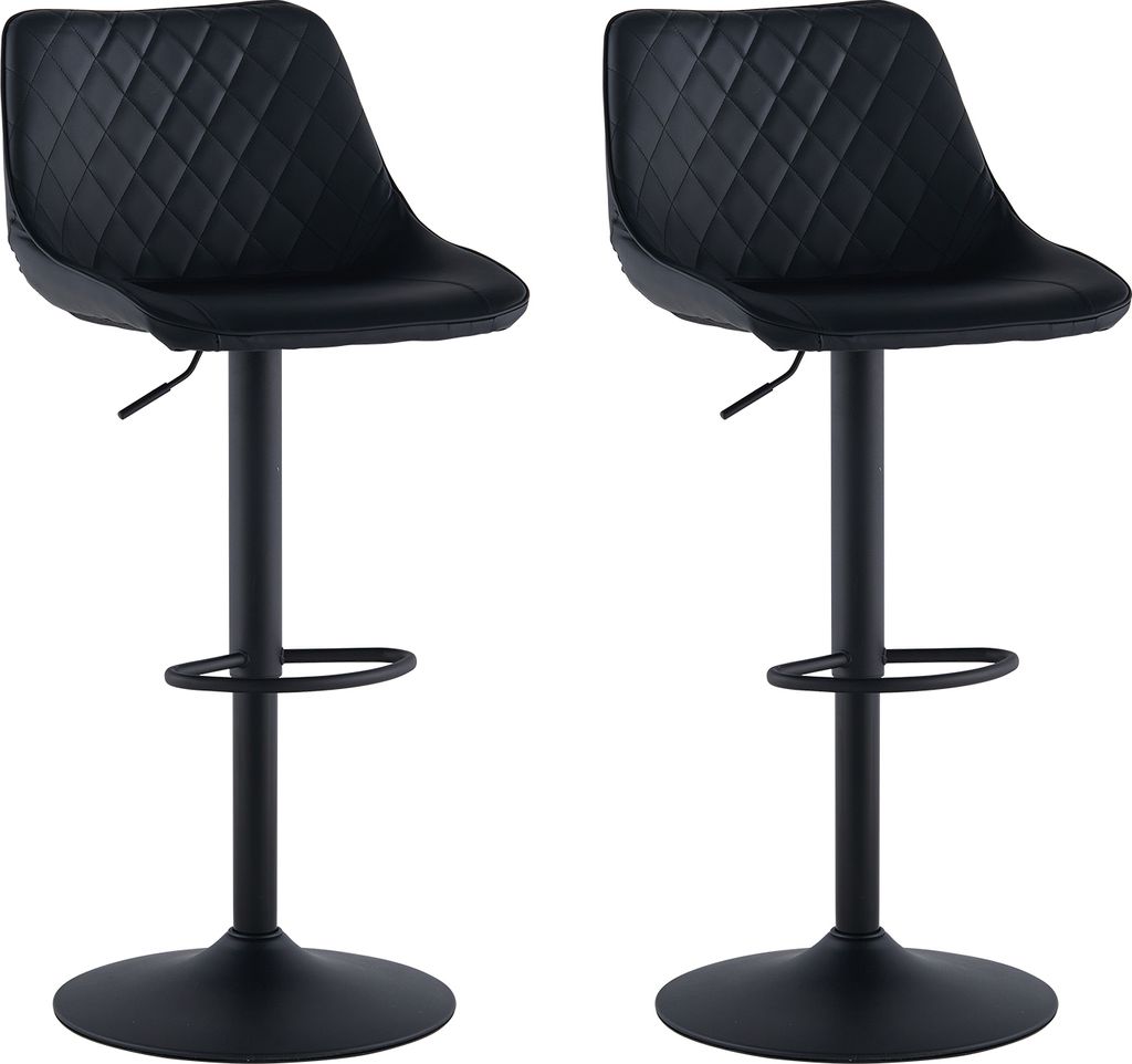 Two black bar stools are shown against a white background.