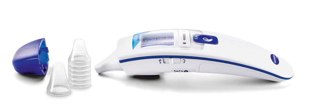 A white and blue digital thermometer with its accessories shown against a white background.