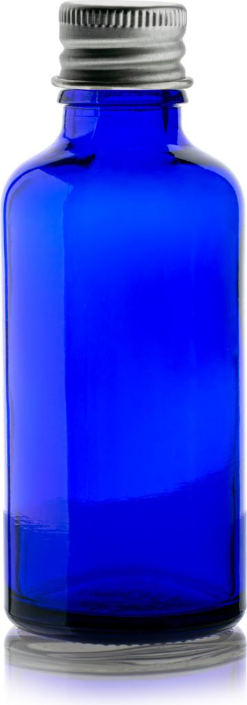 Blaue Glasflasche 50 ml mit Aluminiumkappe, Gewinde 18/415