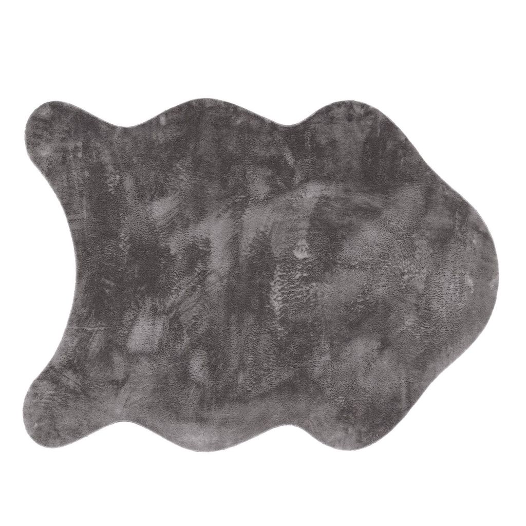 A grey, irregularly shaped rug with a textured surface, isolated on a white background.