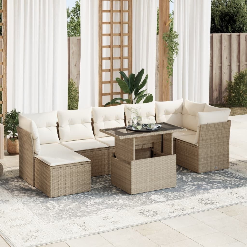Eleganten-Stil 8-tlg. Garten-Lounge-Set mit Kissen Garten-Sofagarnitur, Outdoor Indoor, Beige Poly Rattan Gartenmöbel-Sets CHY75101822