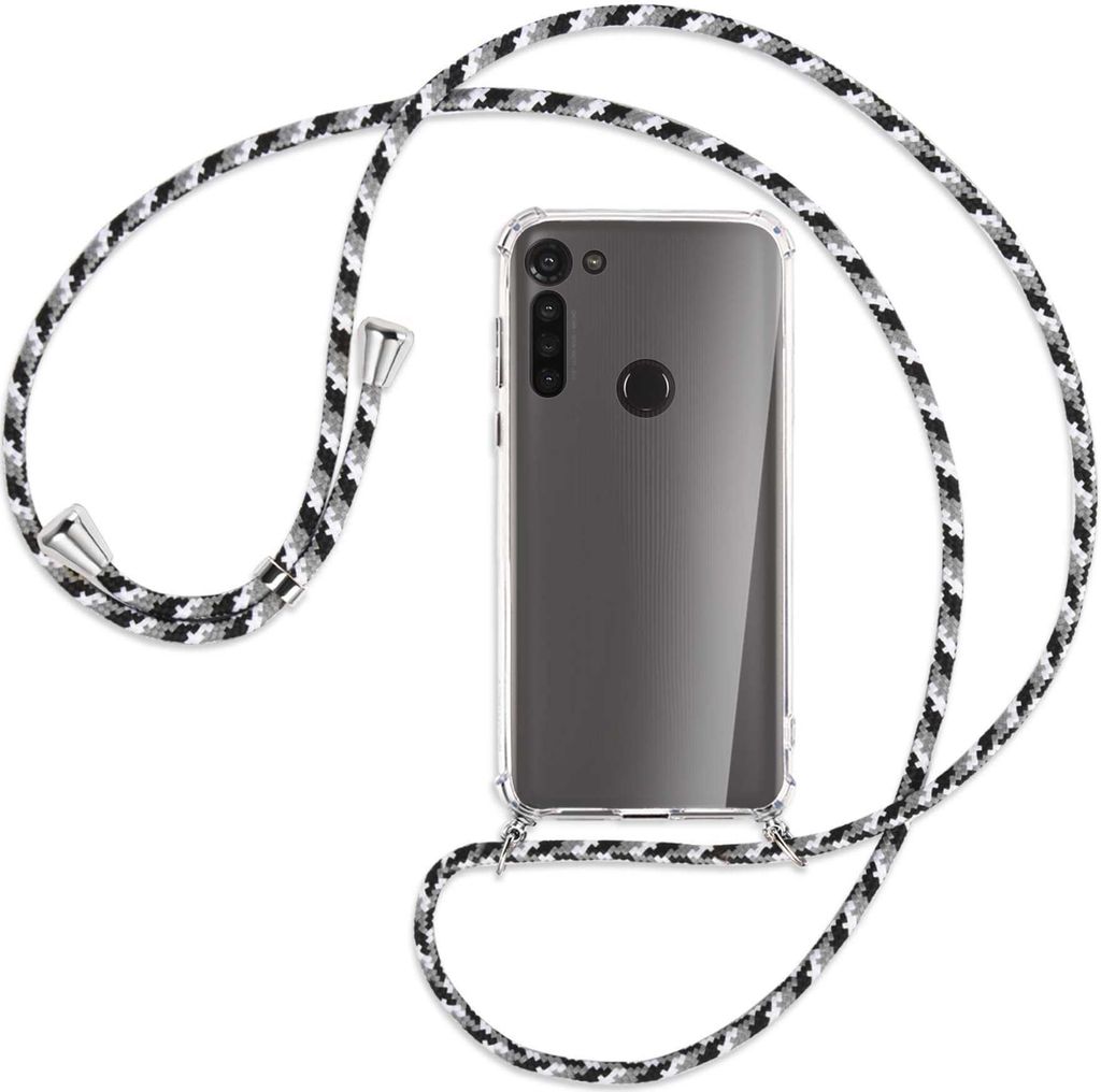 Handykette Backcover-Schutzhülle mit Band (Metall silberfarben) für Motorola Moto G8 - schwarz/grau/weiß