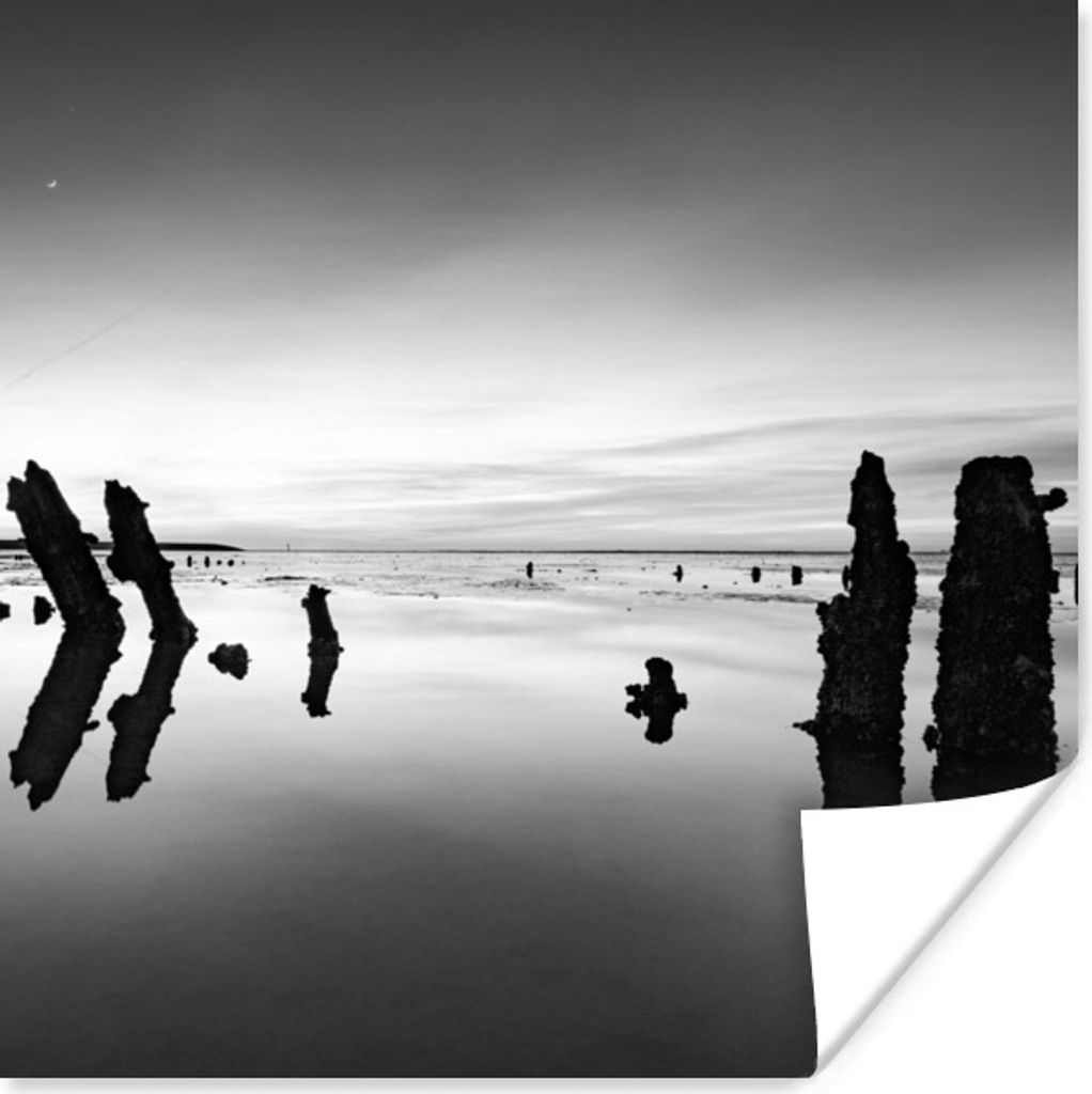 MuchoWow Poster Wattenmeer - Schwarz - Weiß - Holz 50x50 cm - Wohnzimmerdekoration