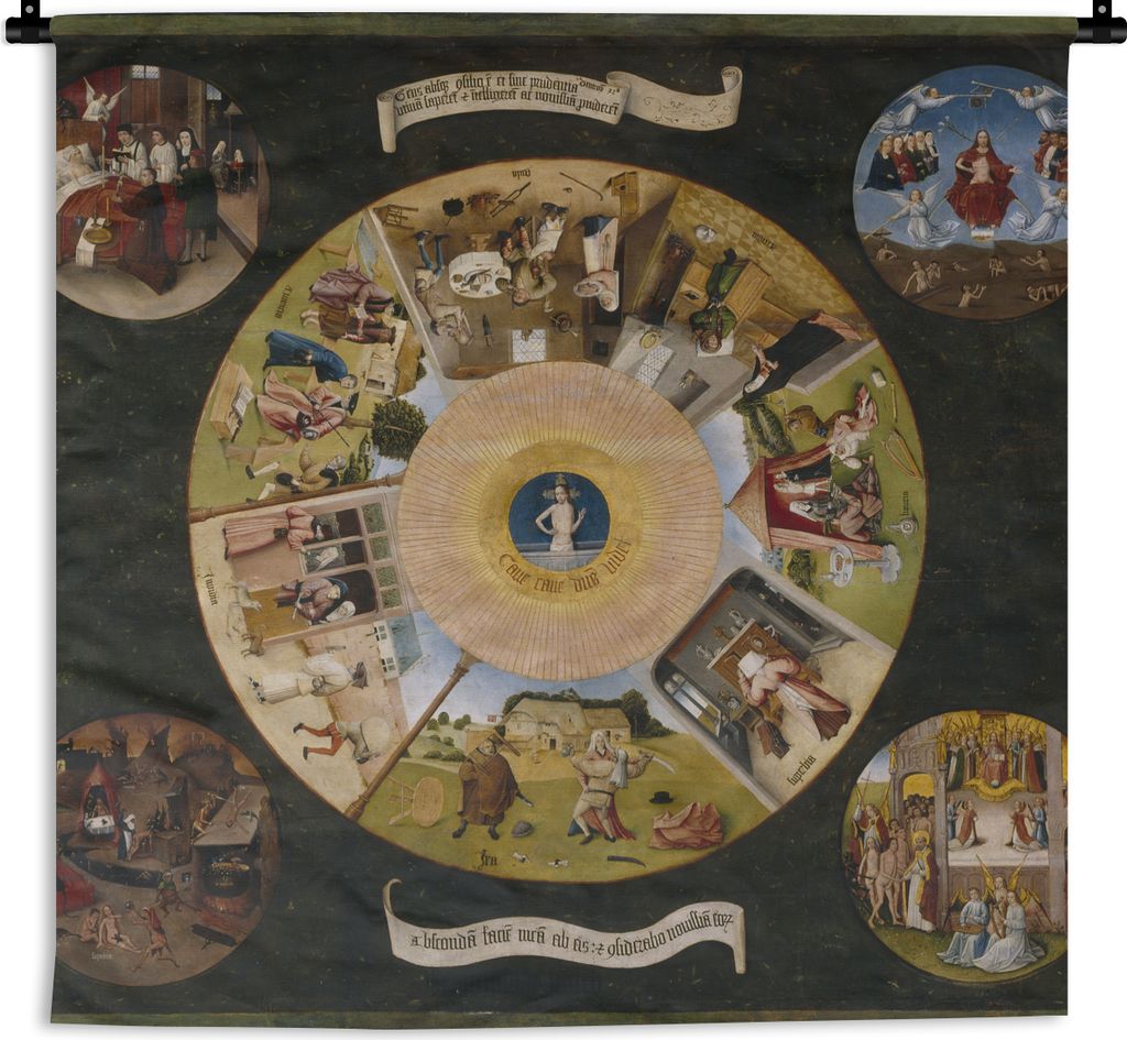 MuchoWow Wandteppich Wandbehang Die sieben Todsünden und die vier letzten Dinge - Gemälde von Hieronymus Bosch 90x90 cm Tapisserie Dekoration W...