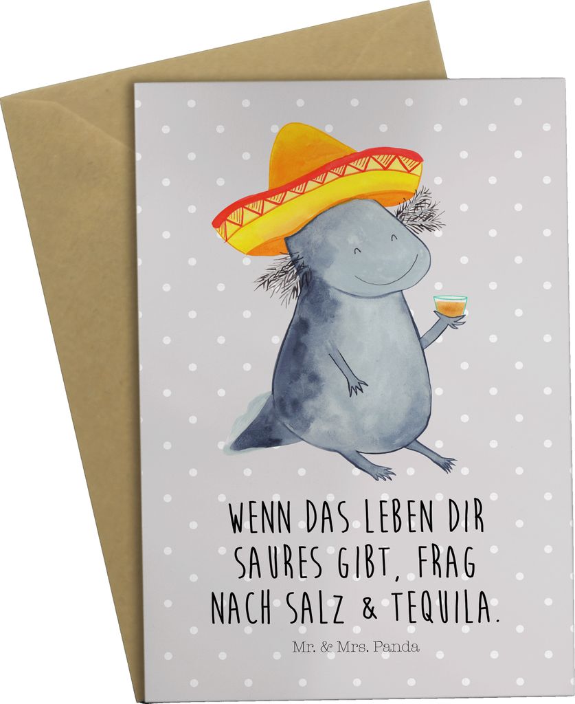 Mr. & Mrs. Panda Grußkarte Axolotl Tequila - Grau Pastell - Geschenk, trinken, Zitrone, Spruch, Mexiko, Feuersalamander, Party, Urlaub, osterkarte...