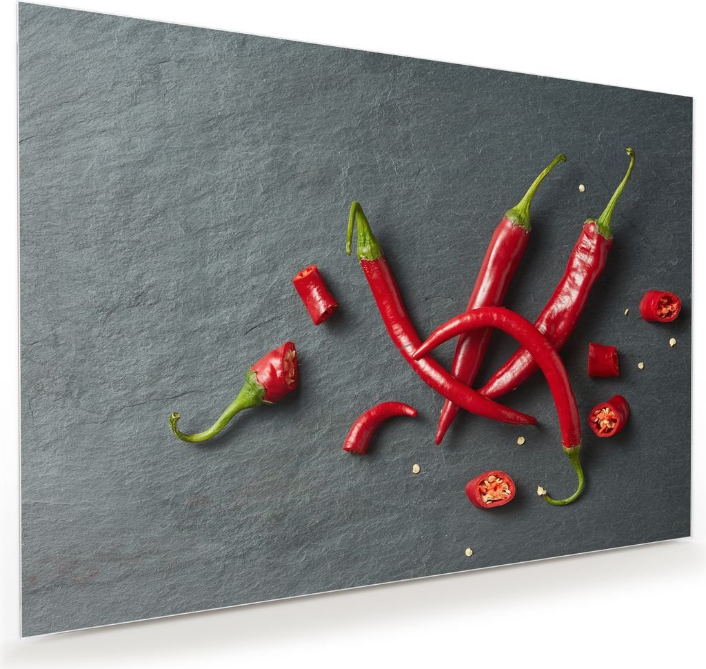 Glasbild Wandbild Chili ganz und gehackt 100x70cm in XXL für Wohnzimmer, Schlafzimmer, Badezimmer, Flur