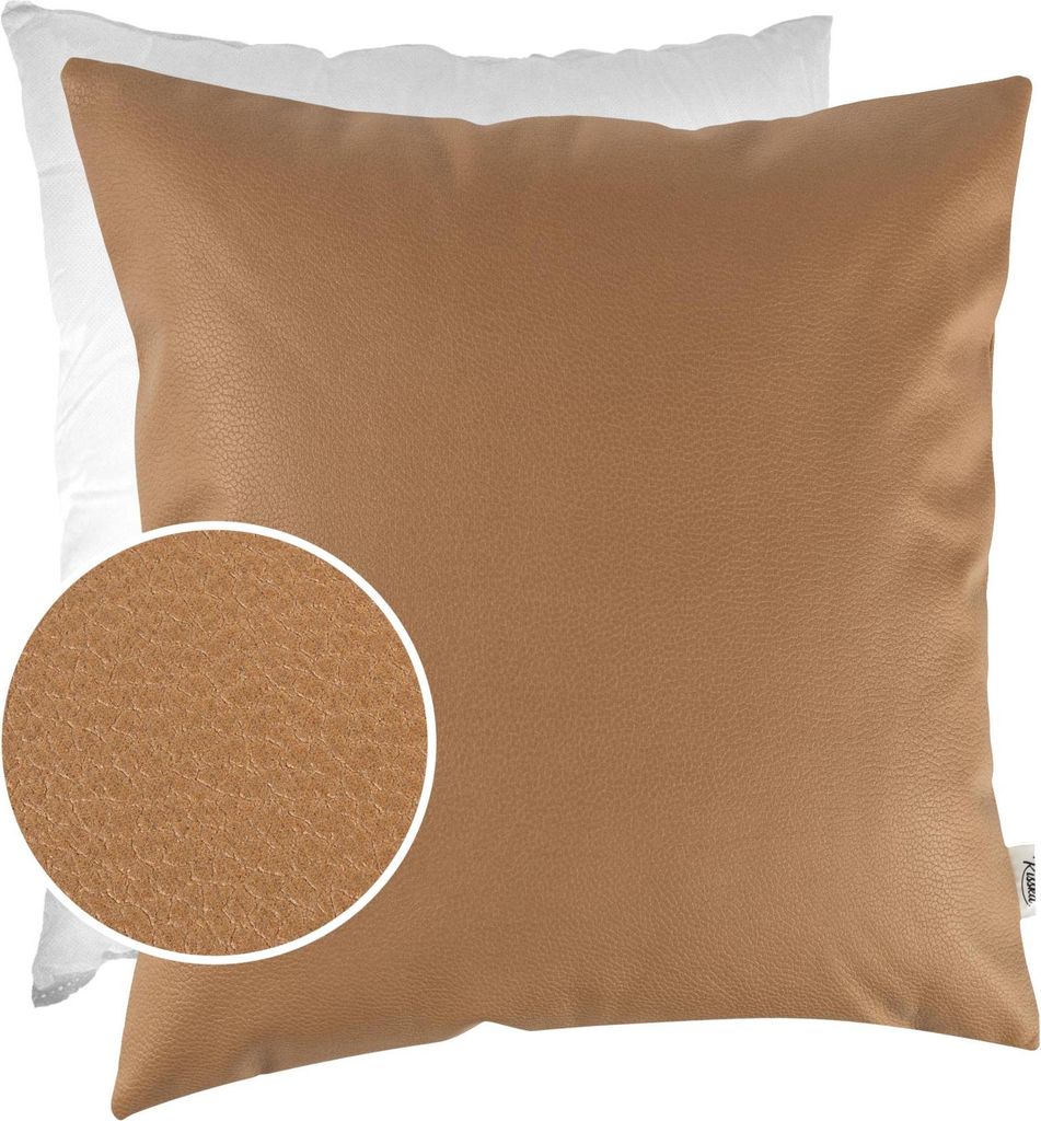 Dekokissen mit Füllung KUMO 60x60cm atmungsaktive Kunstleder Kissenbezug mit Reißverschluss Einfarbig Leder-Optik UNI Safran