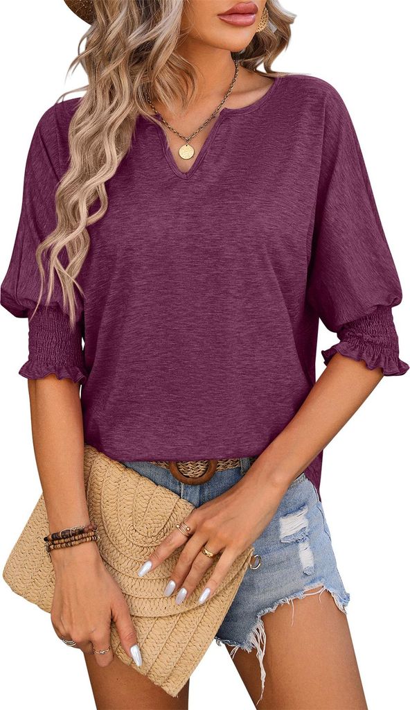 ASKSA Damen T-Shirt V-Ausschnitt 3/4 aermel Bluse Einfarbig Lose Shirts Fruehling Sommer Tunika Basic Tee Tops Oberteile (Violett Rot,S)