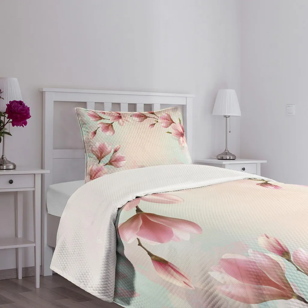ABAKUHAUS Magnolia Federe Cuscini Set di 4, Petali di Fiori fragili, Stampa Digitale Fronte-Retro con Accento Moderno, 45 cm x 45 cm, Rosa Baby Pink And Brown