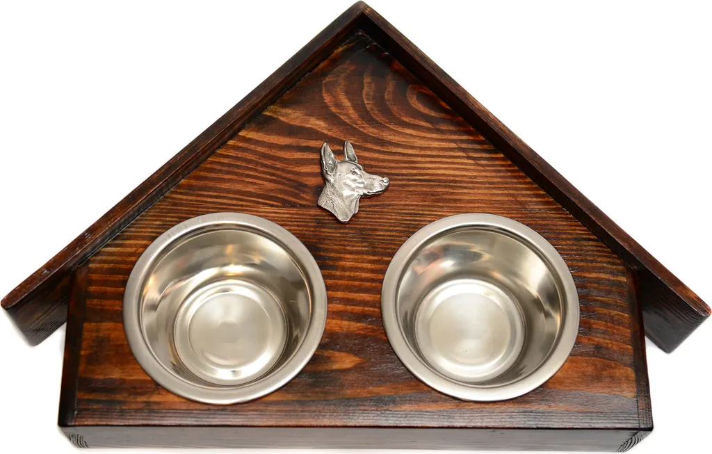 Support en Bois Pharaoh Hound avec Gamelles Inox - Décoration Canine Art-Dog