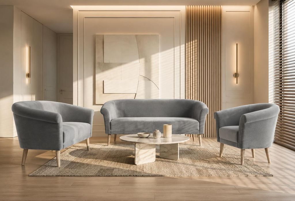 Sofa Set 3+2+1 Espero III Samt Velours Grau (Riviera 91) – Polstergarnitur mit 3-Sitzer Sofa, 2-Sitzer Sofa und Sessel