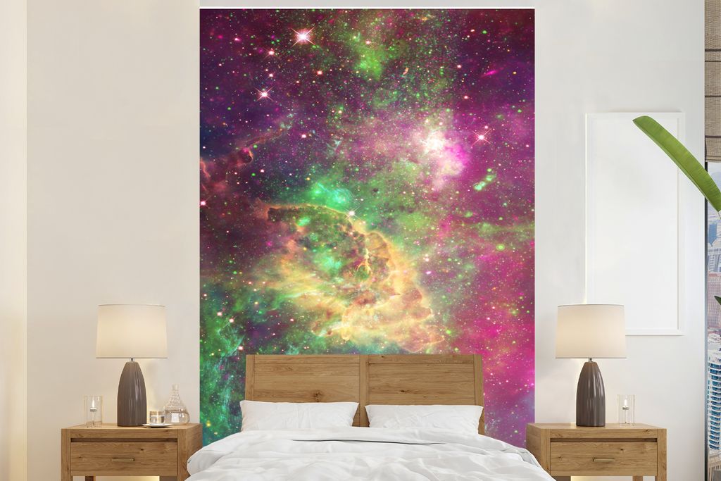 MuchoWow Fototapete für Wohnzimmer oder Schlafzimmer Wandtapete Vinyl Motivtapete Grün - Raum - Sterne - 160x240 cm - Vinyltapete