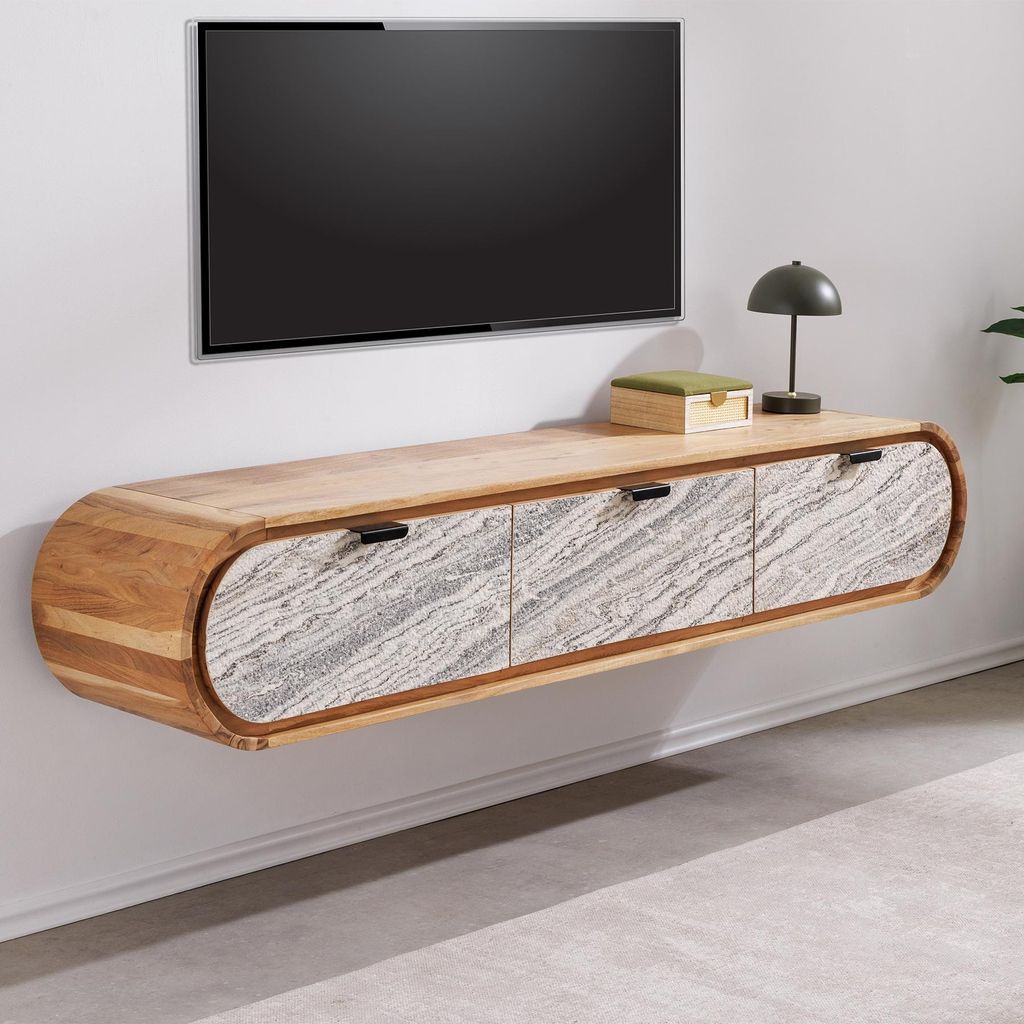 riess-ambiente Hängendes TV-Board ORGANIC 160 cm natur Akazie schwarz weiß Steinfurnier Schubladen Lowboard