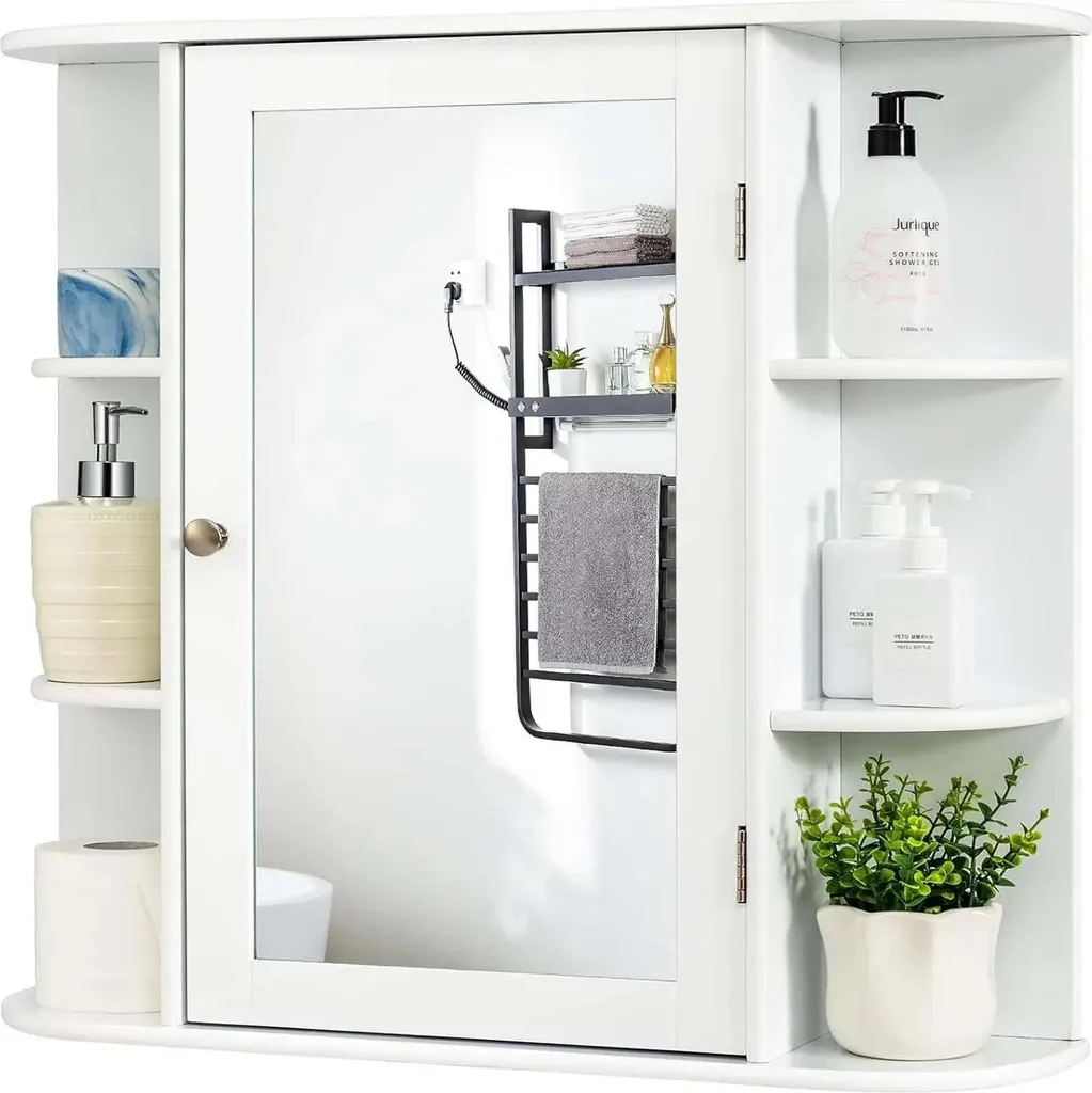 Armoire de toilette bois blanc 65x63cm - Étagères latérales réglables