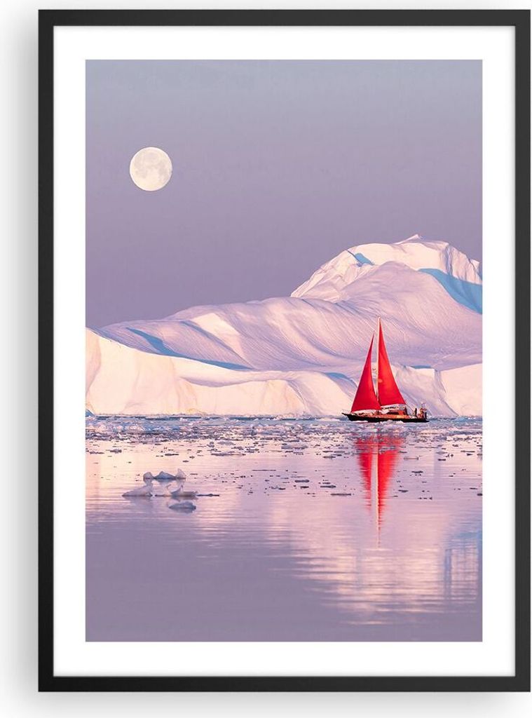 Gerahmtes Poster - Schwarzer Rahmen - Segelschiff Mond Gletscher - 50x70 cm - Wand Bild - Wanddeko - Wandbilder - Kunstposter - Wandposter - Bilder...
