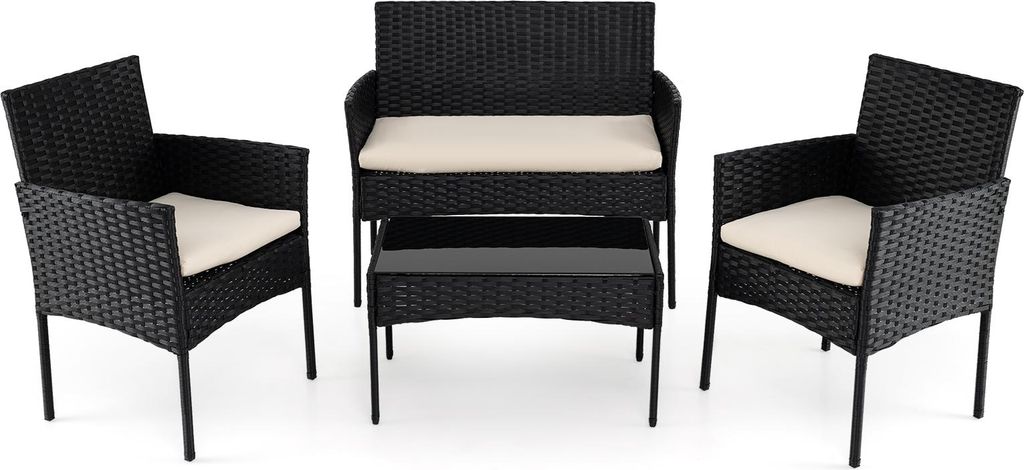 COSTWAY Polyrattan Gartenmöbel Set, Outdoor Gartengarnitur, Sitzgruppe mit 2 Stühlen, Bank, Tisch & Kissen, Terrassenmöbel, Balkonmöbel Beige