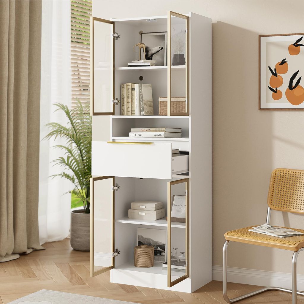 STILVORA Grifflos Vitrine mit Glasfront und Schublade,Hochschrank mit LED-Beleuchtung&Bluetooth,Beistellschrank für Wohnzimmer, Büro oder Schlafz...