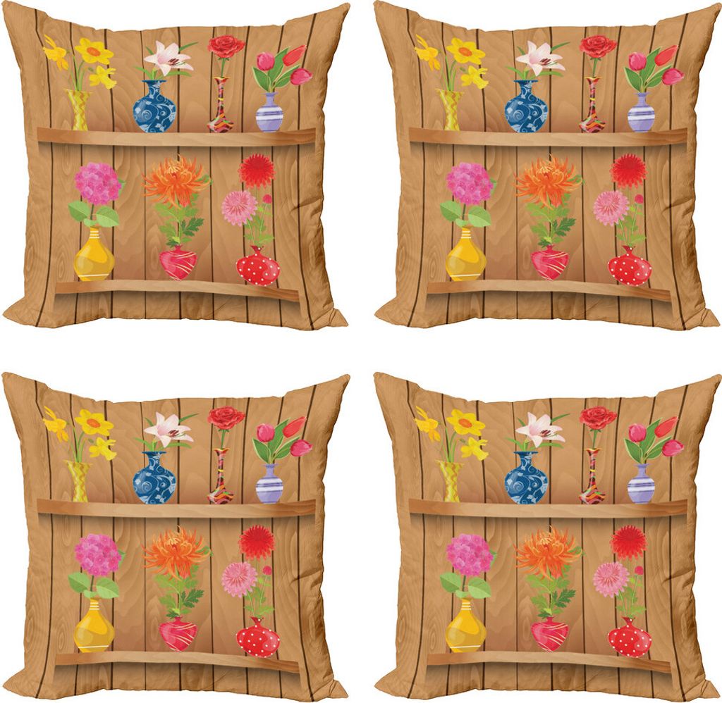 ABAKUHAUS Narzisse Kissenbezug Set (4 Stück), Cartoon Blumen in Vase, Moderner Doppelseitiger Digitaldruck, 60 cm x 60 cm, Mehrfarbig