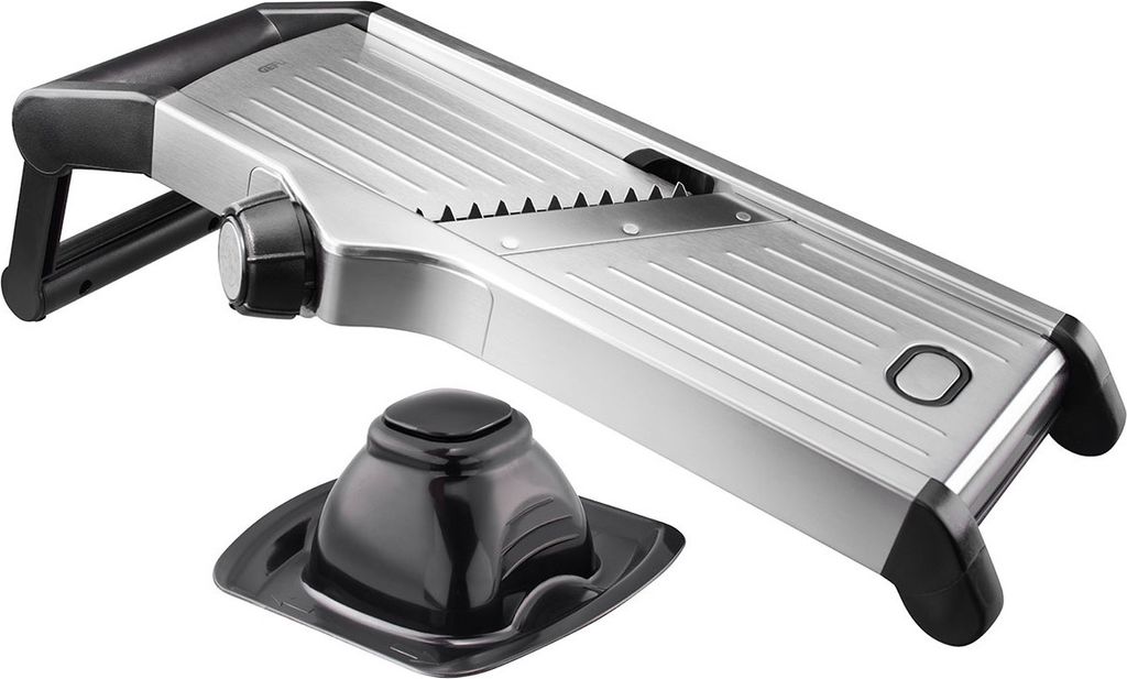 A stainless steel mandoline slicer with a black plastic handle and a black plastic food holder, shown against a white background.